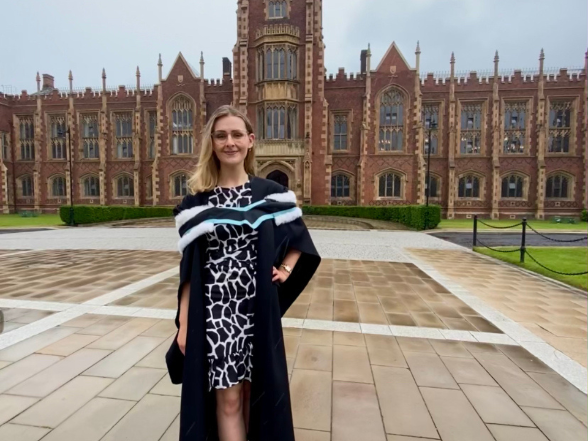 Frances graduation robe in front Queen’s University, Belfast. 
