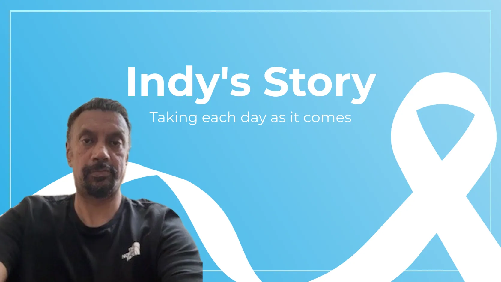 Header banner showing Indy with a lung cancer awareness ribbon and the title “Indy’s Story: Taking each day as it comes”
