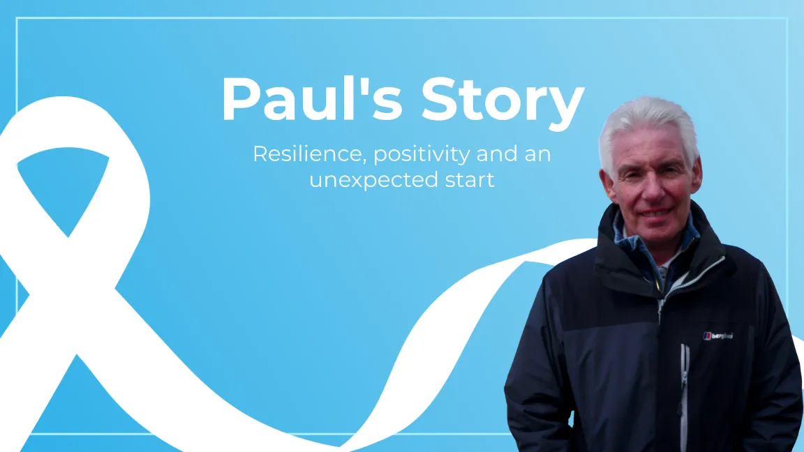 An image of Paul with a lung cancer ribbon and the text : 'Paul's story: Resilience, positivity, and an unexpected start'