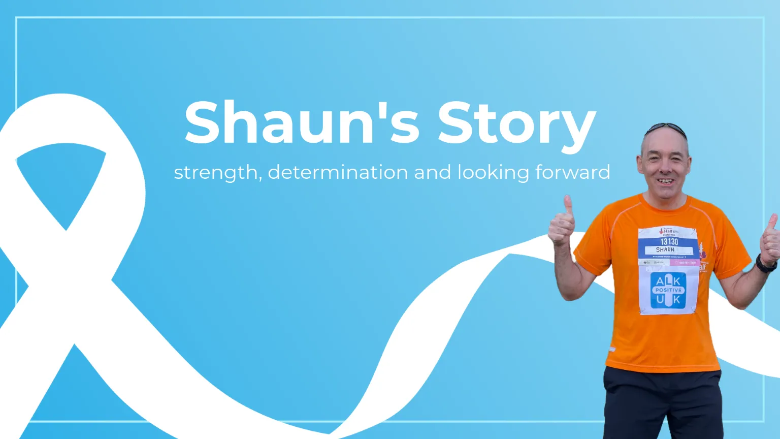Header banner showing Shaun with a lung cancer awareness ribbon and the title “Shaun’s Story: strength, determination and looking forward”.
