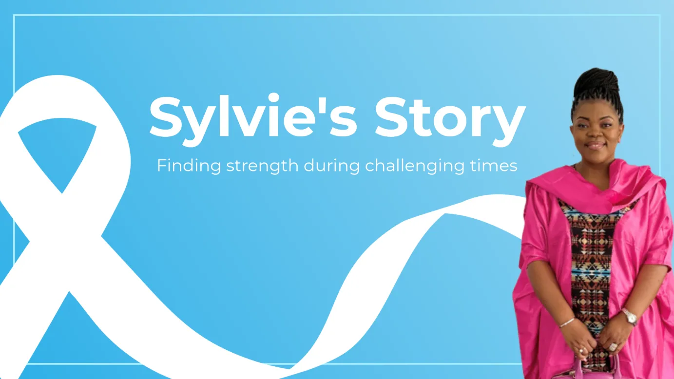 Image of Sylvie with a white lung cancer ribbon with the text - Sylvie's story: Finding strength during challenging times 