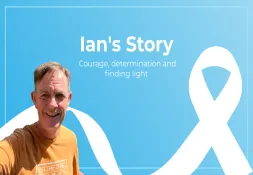 Image of Ian with a white lung cancer ribbon and text reading - Ian's story: Courage, determination and finding light 