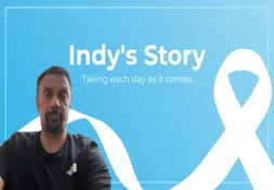 Header banner showing Indy with a lung cancer awareness ribbon and the title “Indy’s Story: Taking each day as it comes”