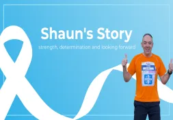 Header banner showing Shaun with a lung cancer awareness ribbon and the title “Shaun’s Story: strength, determination and looking forward”.