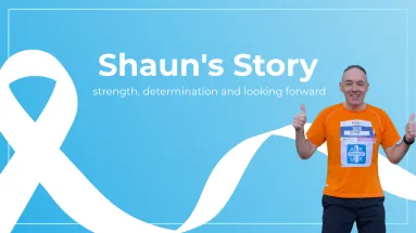 Header banner showing Shaun with a lung cancer awareness ribbon and the title “Shaun’s Story: strength, determination and looking forward”.